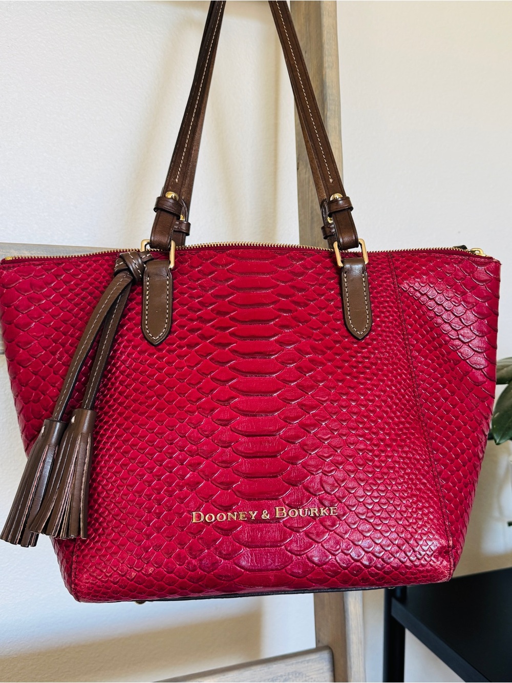 Dooney & Bourke Python Embossed Leather Tassel Tote Raspberry Brown Large - Picture 1 of 15